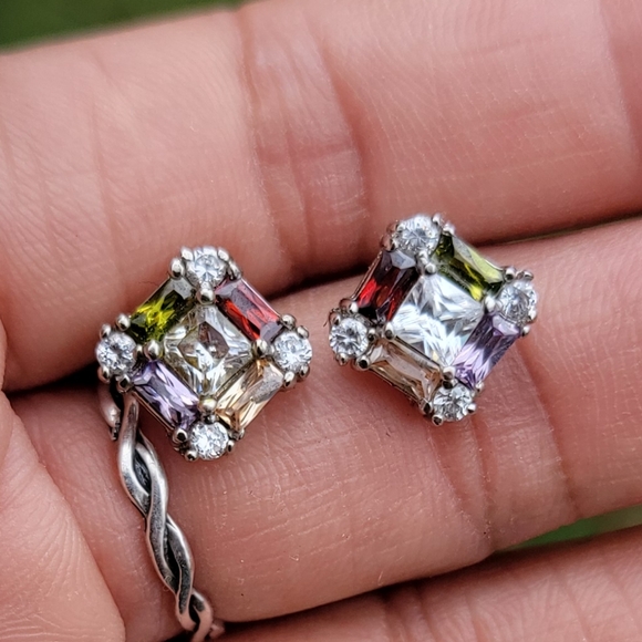 Stunning sparkling multi colored topaz 925 sterling silver diamond earrings - Picture 5 of 15